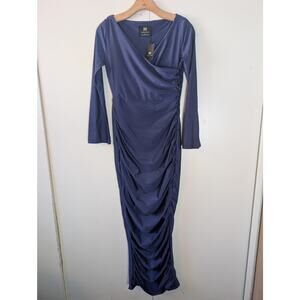 Ruched & Ready Blue V Neck Long Sleeve Dress
